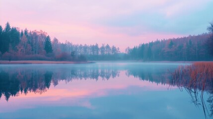 Fototapeta premium /imagine A tranquil scene of a calm lake at dusk, with the water reflecting the pastel colors of the sunset and the surrounding forest creating a perfect mirror image.