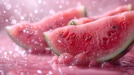 Fresh Juicy Watermelon Slices in Pink Background with Water Droplets