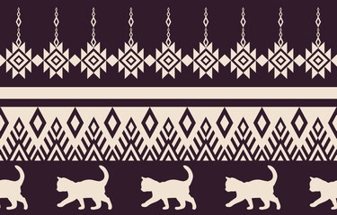 Cat pattern. Seamless. White stripes, colorful background. Ethnicity. Floral patterns, printed fabrics, pants, Lanna.