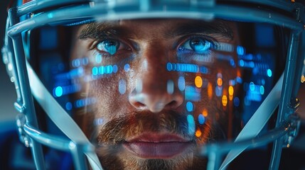 Close-Up Portrait of Focused American Football Player with Futuristic Data Holograms in Helmet Visor