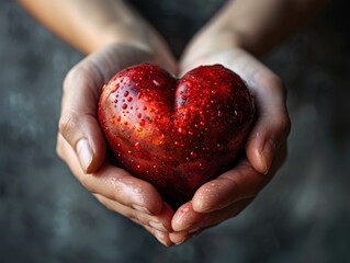 Close-up of hands holding a heart-shaped object covered in shiny red material, symbolizing love and care in a dark background.