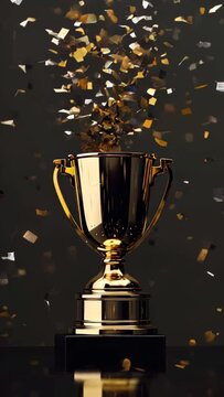 gold winners sports cup  on festive black background with confetti, design trophy, Golden symbol of winner, celebration, sport competition, champion games