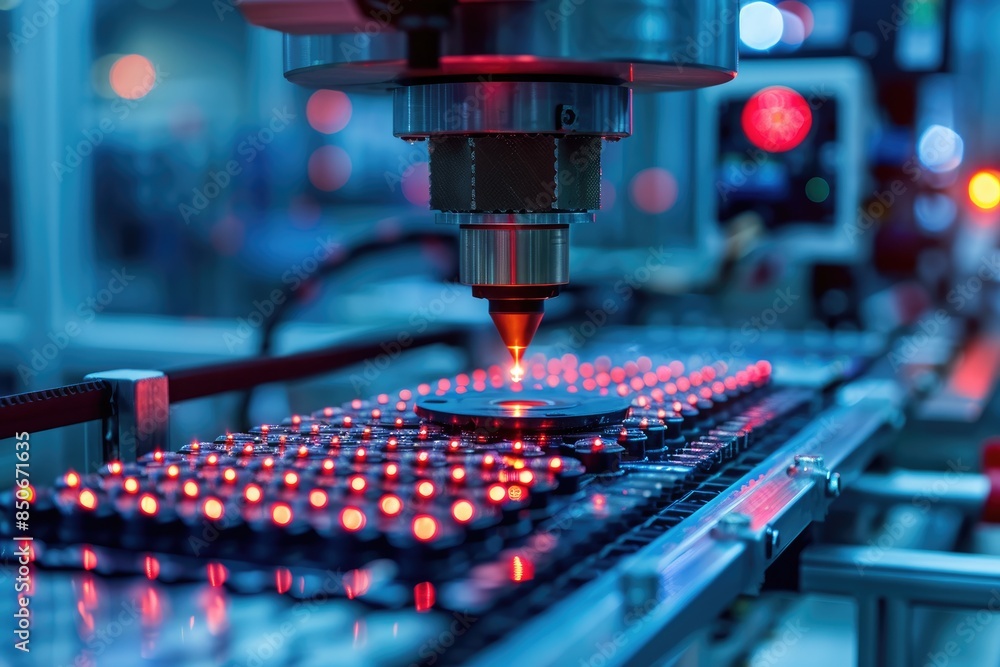 Poster robotic manufacturing of semiconductors and computer chips from silicon wafers. modern technology co