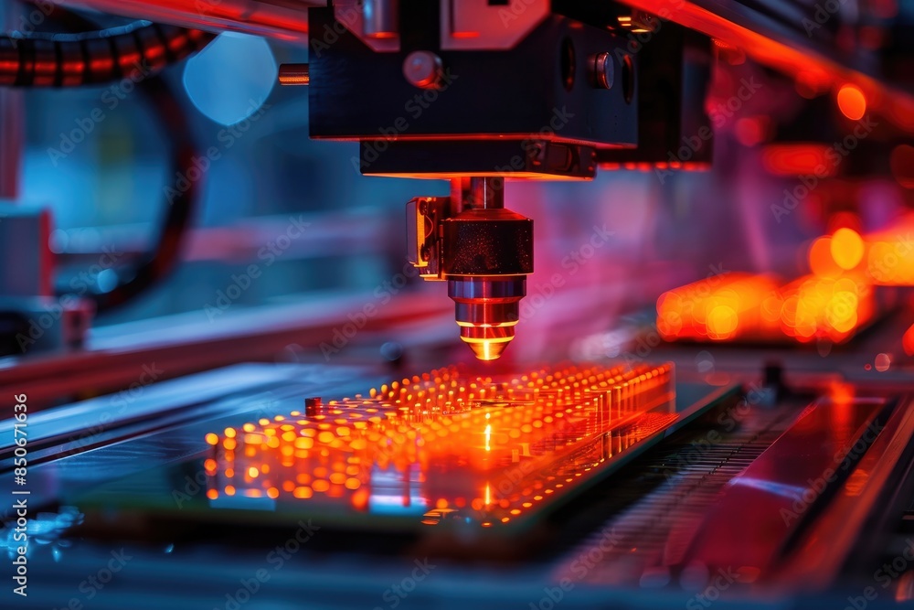 Poster robotic manufacturing of semiconductors and computer chips from silicon wafers. modern technology co