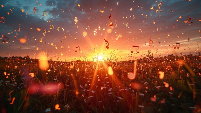 Magical Sunset With Musical Notes and Treble Clef Symbols in Nature