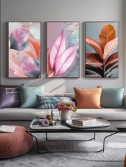 A cozy living room scene featuring a comfortable couch, cushions, and modern abstract wall art