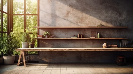 Minimalist wooden bench in empty room