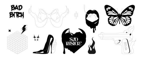 Set of abstract y2k flames, heart, shapes and other elements in trendy  hand drawn tattoo print, stickers. Black and white colors.