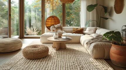 Modern Stylish Living Room with Beige Carpet, Comfortable Sofa and Wooden Coffee Table