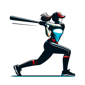 recommend clip art: Vector illustration of female baseball player swinging a baseball bat on a white background, minimalist style.