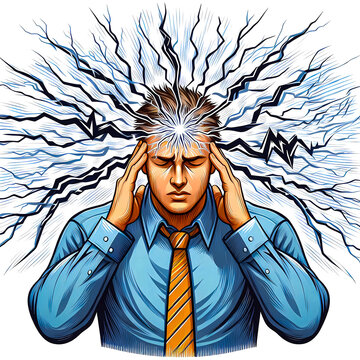 Vector illustration of a young man using brainwave energy to send telepathic energy outward on a white background.