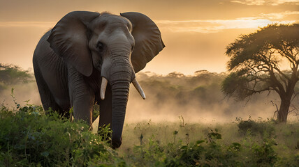 Obraz premium a majestic elephant in a protected wildlife reserve, with lush greenery and a soft sunrise in the background, symbolizing the beauty and importance of conservation efforts