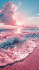 Naklejka premium Soft Pink Waves Breaking Along the Coastline. Pink Beach Background