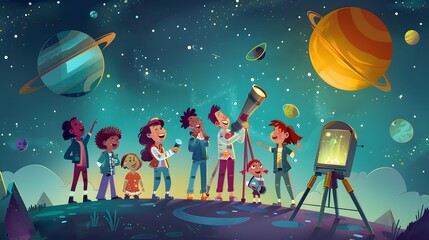 Group of Children Learning Astronomy Under the Stars