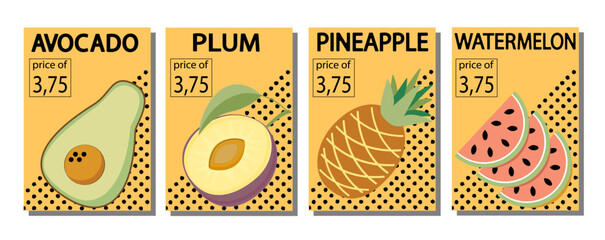 Fruit label set, price tags fruit poster banner template background in bright minimalistic style.