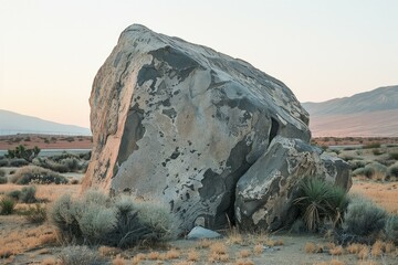 Large solitary rock stands amid desert shrubs basking in the warm glow of sunset