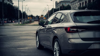 Fototapeta premium empty parked car in an urban setting. The car depicted from a side angle, showcasing its sleek and modern design