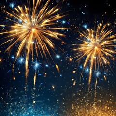 Obraz premium abstract gold, black and blue glitter background with fireworks. christmas eve, 4th of july holiday concept Generative AI 