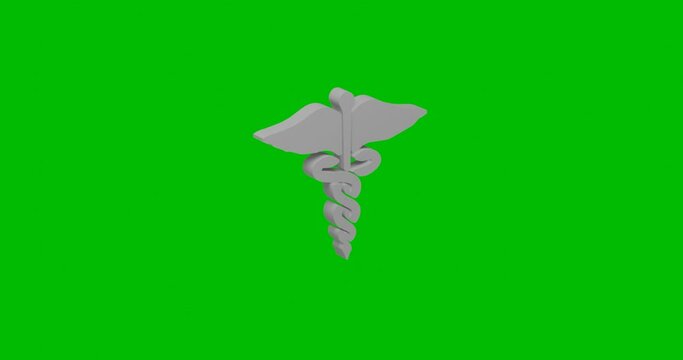 Animation of rotation of a white caduceus symbol with shadow. Simple and complex rotation. Seamless looped 4k animation on green chroma key background