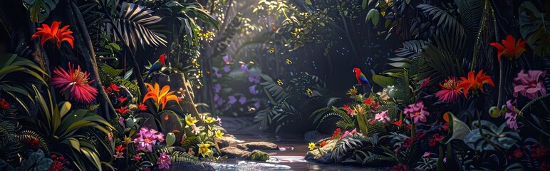 Abstract art illustration. Watercolor painting wallpaper. Palms, rainforest, leaves, flowers. modern Art. Prints, wallpapers, posters, cards, murals. AI generated illustration