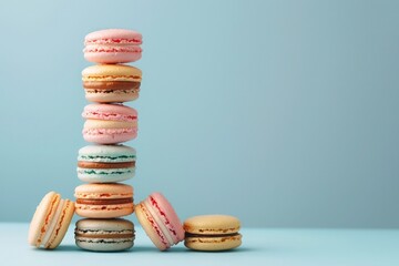 Stack of colorful macarons on a blue background