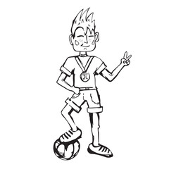 The football player with a ball and a medal. Black-and-white cartoon. Adobe Illustrator Artwork