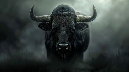 Naklejka premium Black Bull Looking Directly at the Camera in a Misty Dark Setting