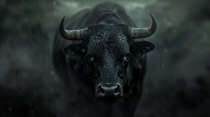 Naklejka premium Black Bull Looking Directly at the Camera in a Misty Dark Setting