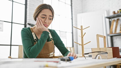 Stressed woman contemplating failure in carpentry studio with tools and wooden pieces around