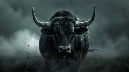 Naklejka premium Black Bull Looking Directly at the Camera in a Misty Dark Setting