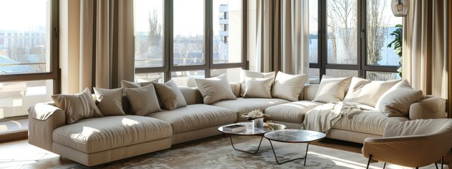 The living room is elegantly designed  bright and comfortable  with a large corner sofa. and large windows