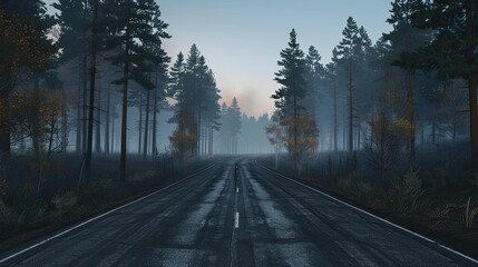 Fototapeta premium The road is empty and between the sides is a pine forest 