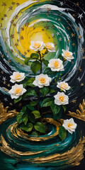 Flowers on abstract oil canvas, floral galaxy, absract art, green and golden spiral space