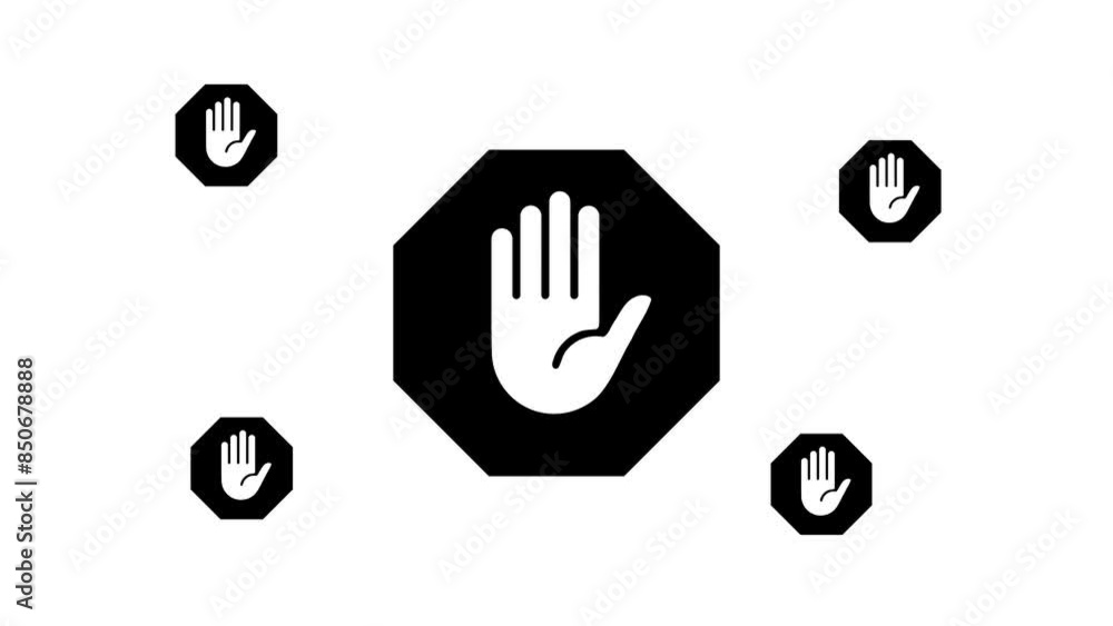 Poster zoom in and out animation the stop hand symbol. large black symbol in the center and four small symb