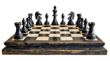 Black chess pieces on the vintage wooden chessboard, object isolated on transparent background. Strategy battle sport, intelligence game, square object, competition