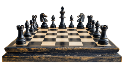 Black chess pieces on the vintage wooden chessboard, object isolated on transparent background. Strategy battle sport, intelligence game, square object, competition