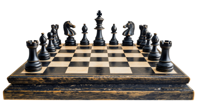 Black chess pieces on the vintage wooden chessboard, object isolated on transparent background. Strategy battle sport, intelligence game, square object, competition