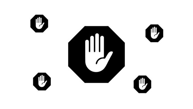 Zoom in and out animation the stop hand symbol. Large black symbol in the center and four small symbols around. Seamless looped 4k animation on white background