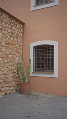 A potted cactus stands by a barred window on a peach stucco wall, contrasting with an adjacent stone facade.