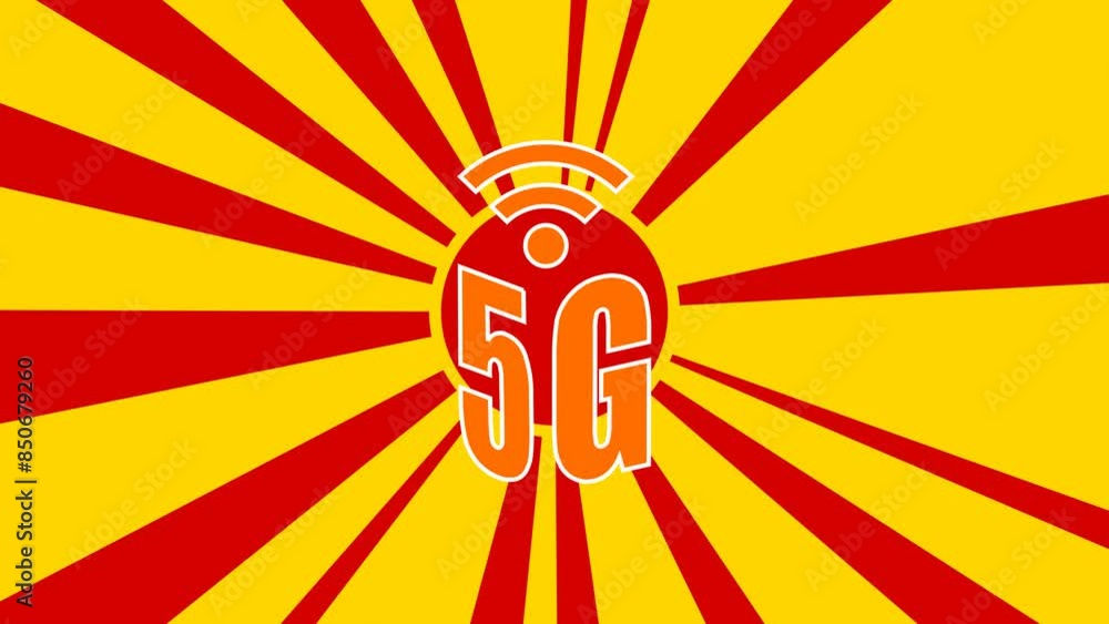 Poster 5g symbol on the background of animation from moving rays of the sun. movement symbolizes the dawn o