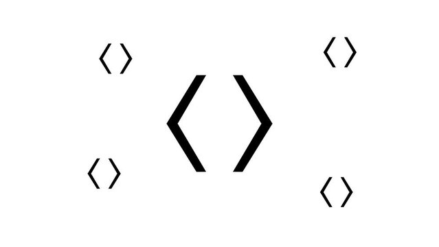 Zoom in and out animation the angle brackets symbol. Large black symbol in the center and four small symbols around. Seamless looped 4k animation on white background