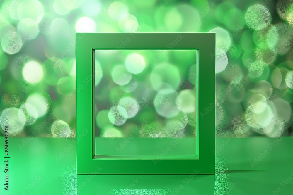Poster vibrant green picture frame against a shiny bokeh backdrop, with space for customization