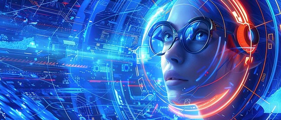 Illustration of a woman looking at a monitor with advanced technology that is processing advanced artificial intelligence