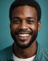 Fototapeta premium teal background studio portrait of smiling handsome black african guy model with clear smooth skin and white teeth