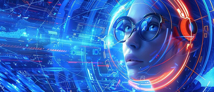 Illustration of a woman looking at a monitor with advanced technology that is processing advanced artificial intelligence