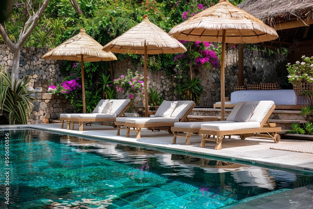 Sticker Tropical Poolside with Rattan Lounge Chairs and Straw Umbrellas