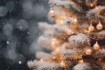 Festive Christmas Tree with Baubles and Snowflakes in a Serene Setting. Generative AI