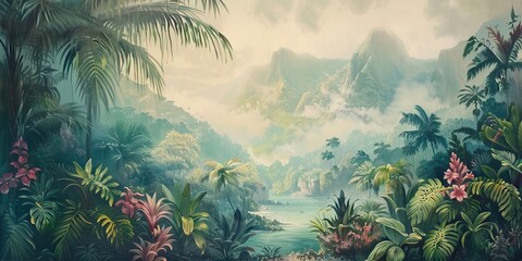 Colorful tropical rainforest. palm leaves and other plants. Aloha textile collection. Tropical forest with dense vegetation of trees, shrubs and vines. AI generated illustration