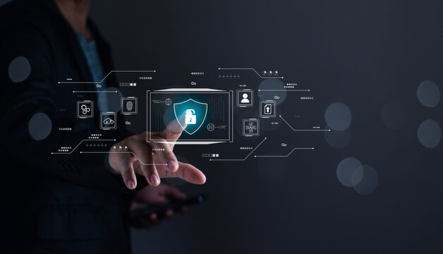 Cyber security, data protection privacy, firewall security concept.Businessman touch display protecting personal information with virtual screen interface on internet technology network connection