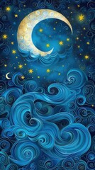 Fantasy Night Sky with Swirling Clouds and Twinkling Stars. Captivating Cartoon Cloudscape Background